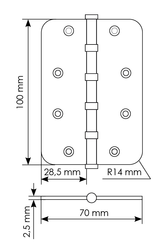 Петля стальная MSN-C 100X70X2.5-4BB SN скругленная универсальная с подшипником, вес полотна до 40 кг, цвет белый никель фото купить в Иваново